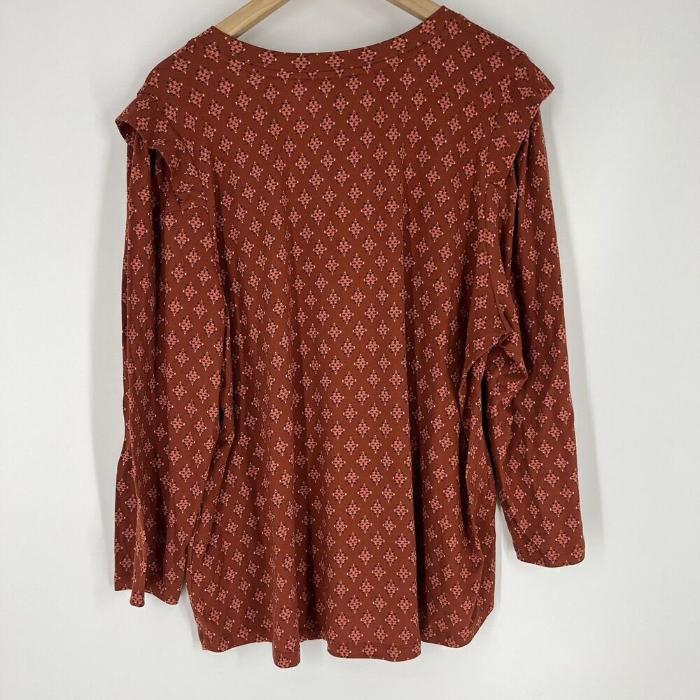 Democracy Top Size 2X Womens Red Floral Print Bohemian Ruffle Long Sleeve Shirt - Picture 4 of 7